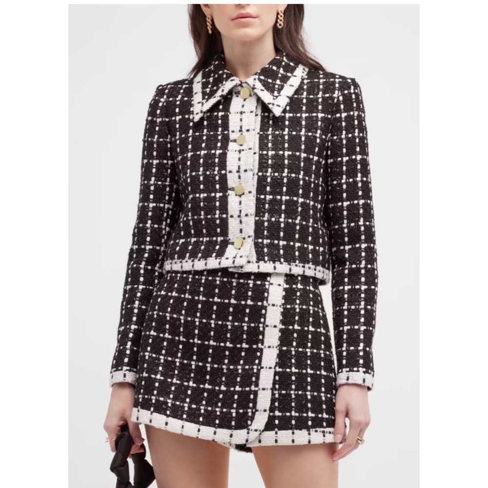 Alice + Olivia Renae Cropped Metallic Boucle Tweed Jacket Black White Plaid S